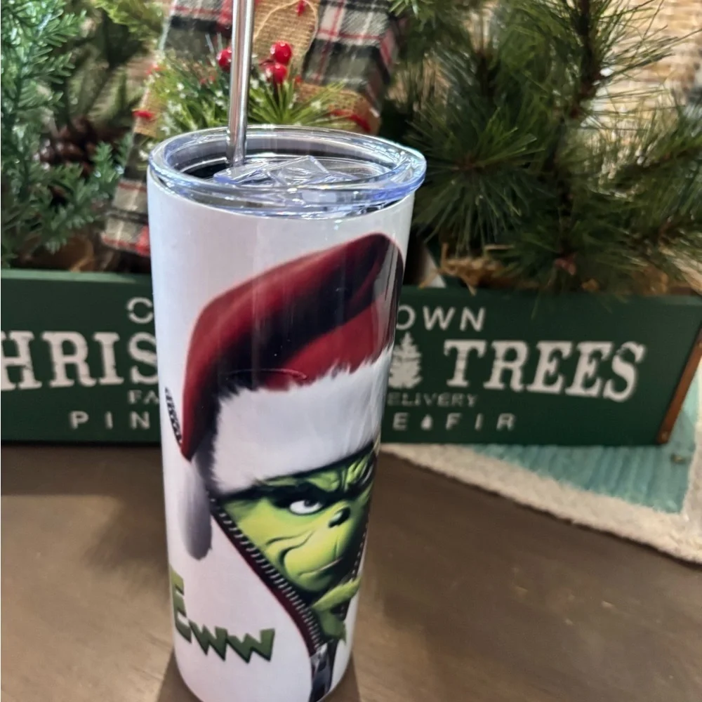Grinch Christmas Tumbler Travel Cup with Lid & Reusable Straw